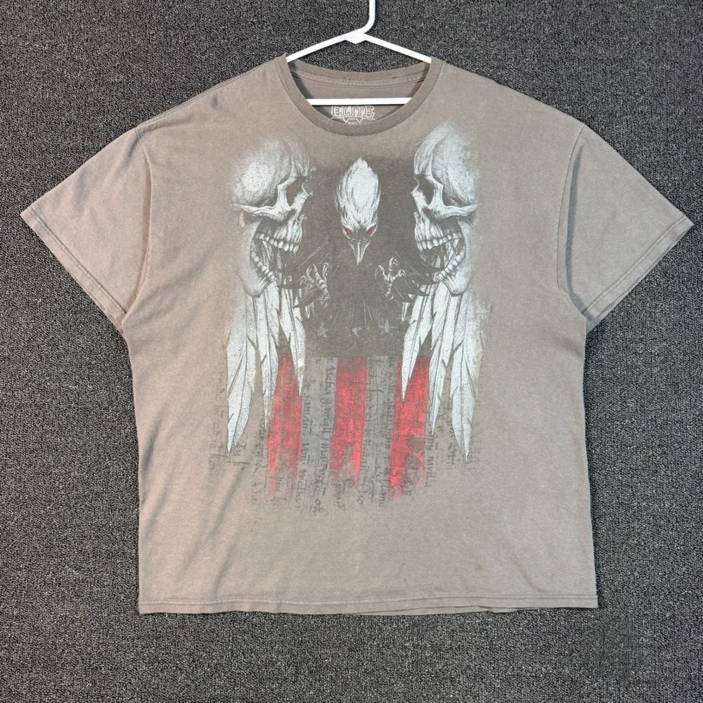 MMA Elite Men's 2XL Gray Graphic T-Shirt Skulls Eagle Graphic Goth Grunge Y2K